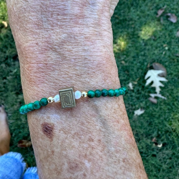 Mahjong bracelet- 3 mm malachite beads mahjong tile bead, 14k gf beads & pearls - Picture 2 of 7